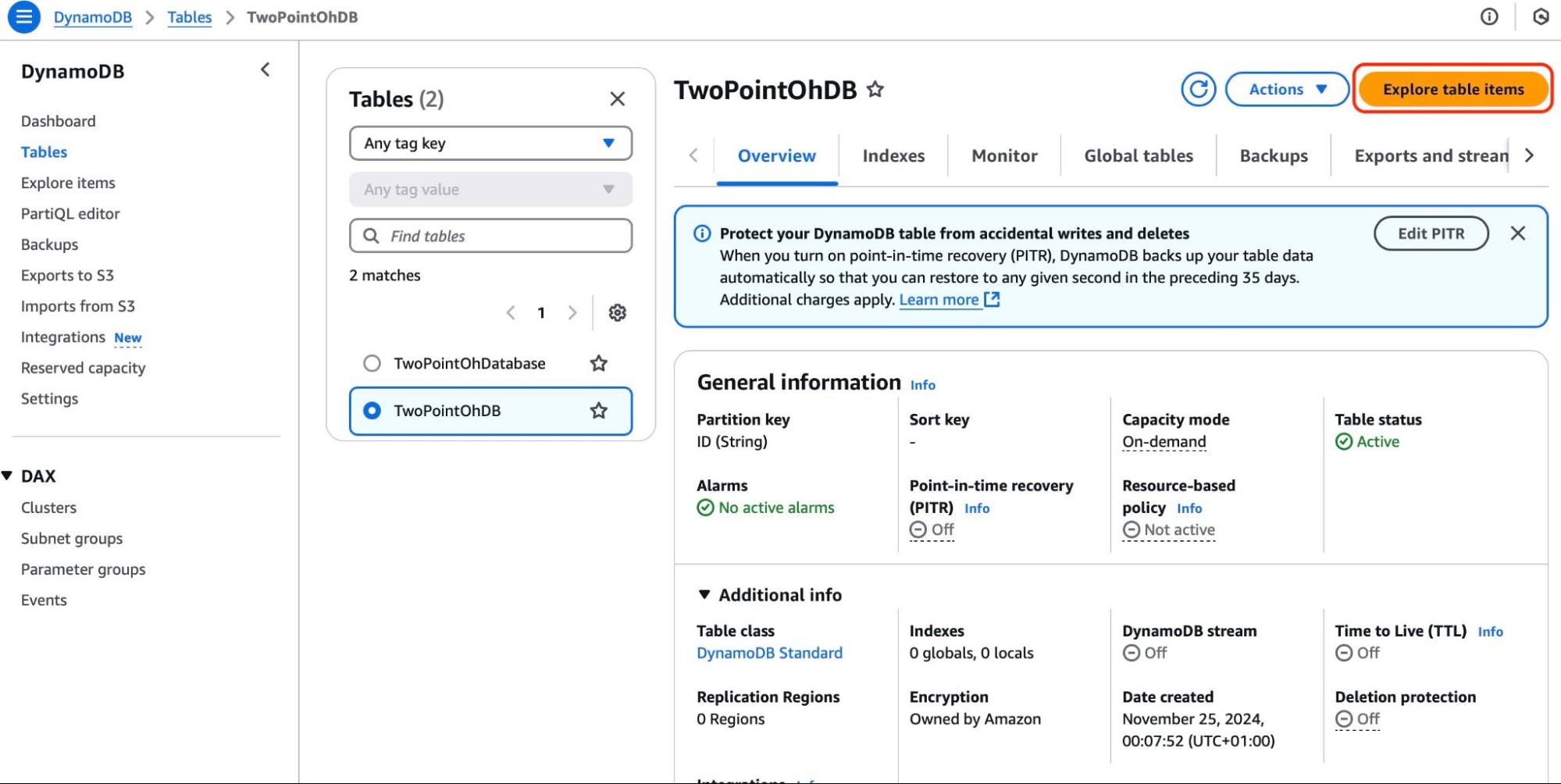 DynamoDB explore table items